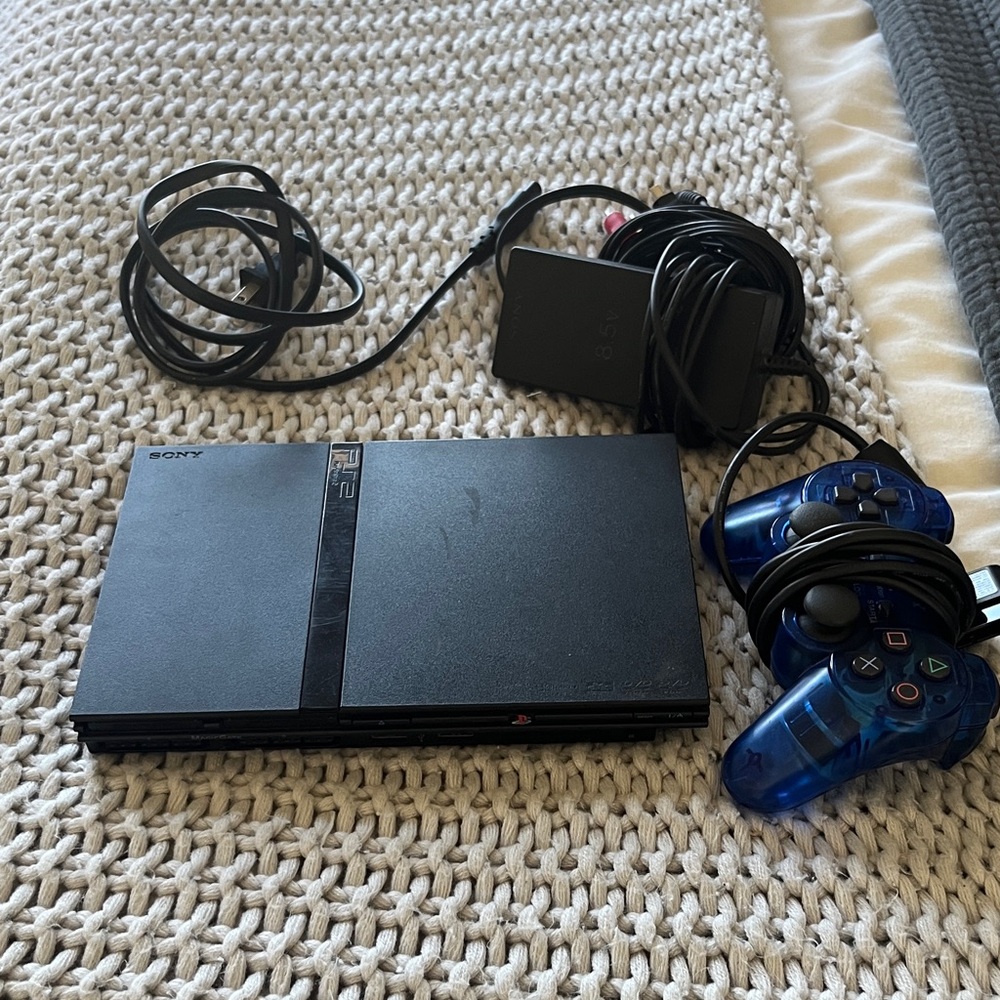 Sony PS2 Slim Console with Translucent Blue Controller